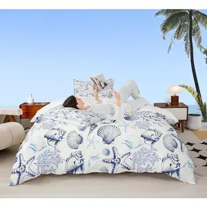 Coastal Duvet Cover Set,Beach Seashell Starfish Coral Bedding Set Sea Ocean Theme Comforter Cover for Kids Teens Adult Bedroom Decor,Navy Sketch Nautical Quilt Cover