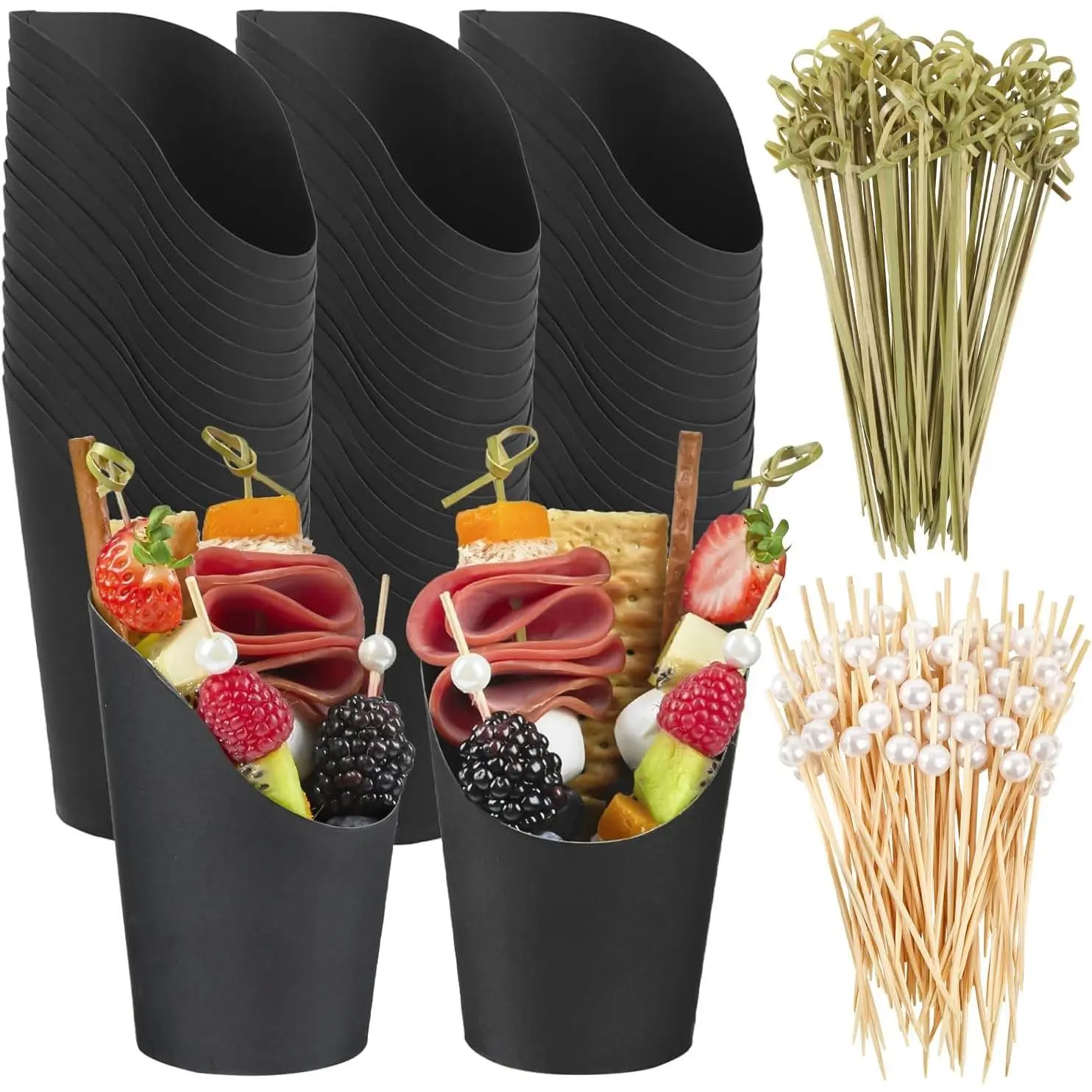 Charcuterie Cups with Sticks Black Disposable 14 oz  Paper Appetizer Cups, Individual Party Serving Snack Cups (50 Cups, 200 Picks)