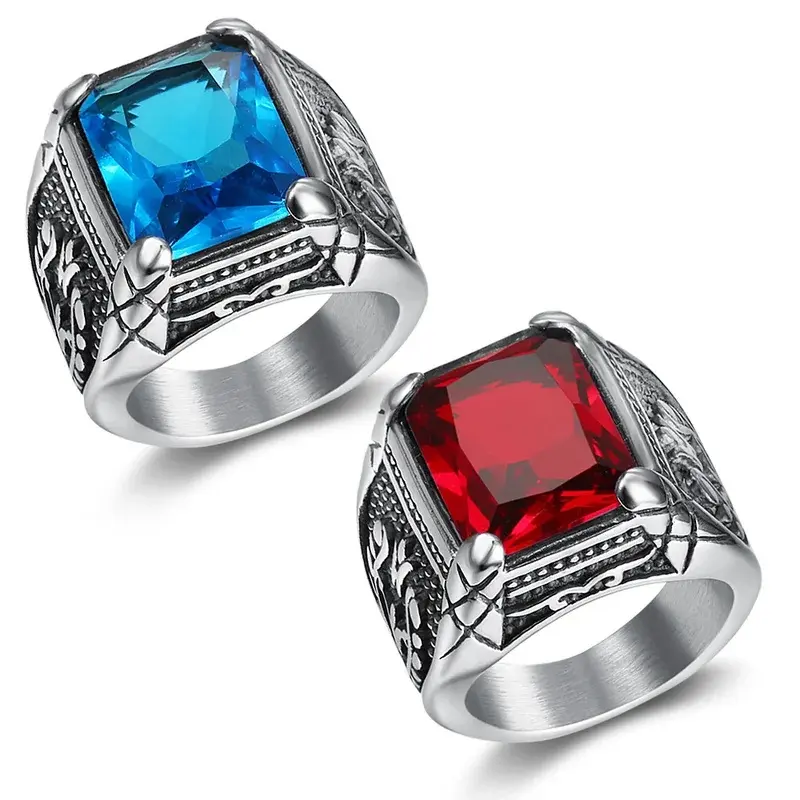 Silver color Men red blue Semi-Precious Stone Signet Ring 316l Stainless Steel for Men Jewelry Anillos Accessories
