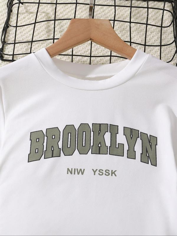 Girls' Letter Print Long Sleeve Top & Army Cargo Pants Set, Clothes, Casual Fall Winter, Fitted Woven Fabric, Daily Wear