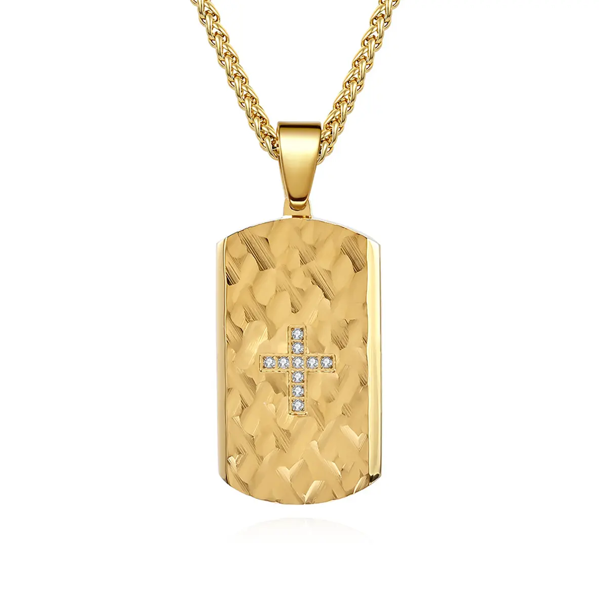 Men's Hammer-Patterned Gold 22in Pendant Necklace with Sparkling Cross Details, Fashionable Personalized Jewelry Gift with Chain, Chain & Link, Daily Wear