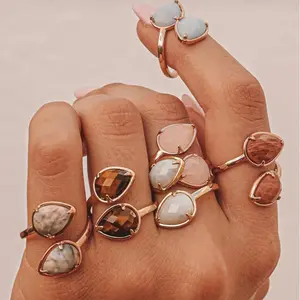 EARTHSTONE RINGS Radiant Teardrop Gemstone Ring in 12 Stone Types Adjustable Stainless Steel 14k Gold Plated Faceted Gemstones for Any Occasion