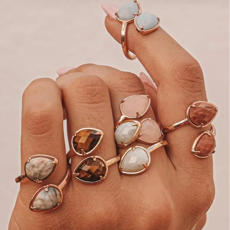 EARTHSTONE RINGS Radiant Teardrop Gemstone Ring in 12 Stone Types Adjustable Stainless Steel 14k Gold Plated Faceted Gemstones for Any Occasion