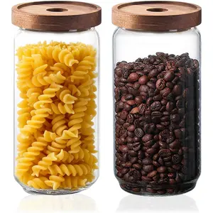 Glass Jars with Airtight Wood Lids 34 OZ Kitchen Pantry Storage Containers Decorative Canister for Pasta Sugar Coffee Beans Cereal Oats Candy Cookies Tea Nuts Set of 2
