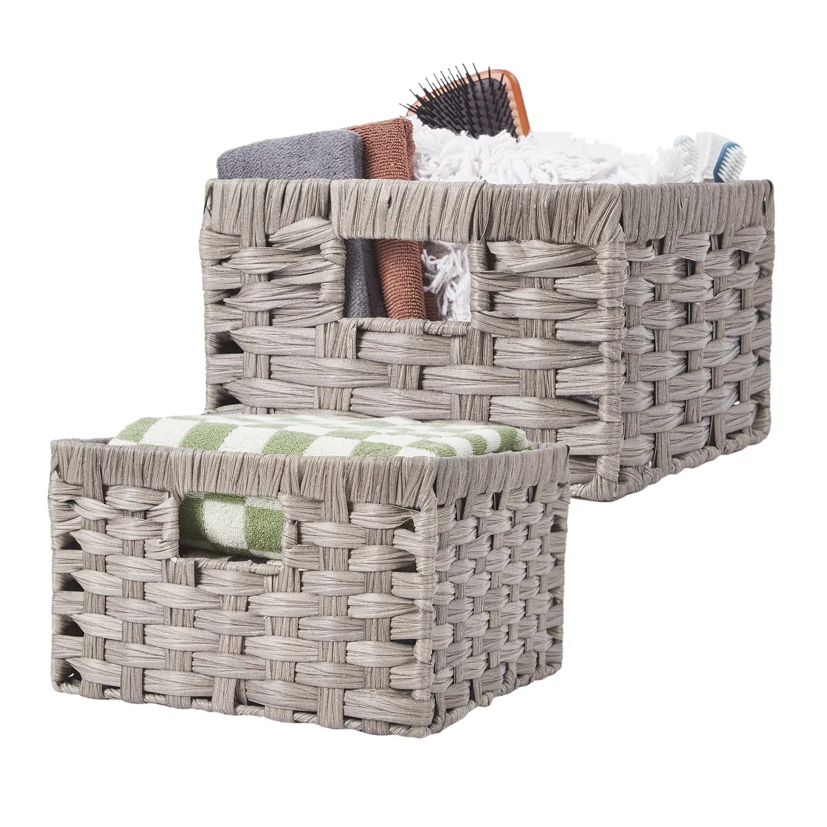 2 Pack Handwoven Water Hyacinth Storage Baskets Set - Decorative Organizer Bins with Built-in Handles for Home Shelves, Living Room, Bedroom, Closet
