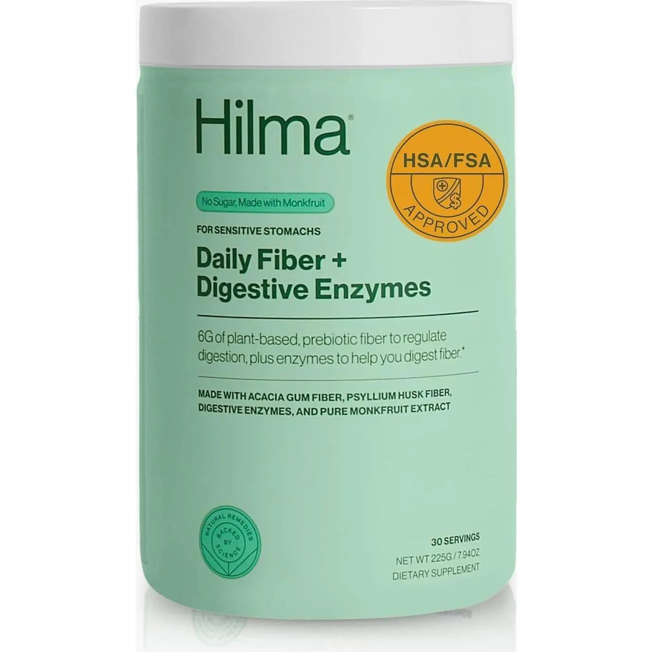Hilma Daily Fiber and Digestive Enzymes, Fiber Supplement Powder with Prebiotics and Enzymes Formulated with Psyllium Husk and Acacia, Gluten Free, Vegan, FSA Eligible, Digestive Support, 30 Servings