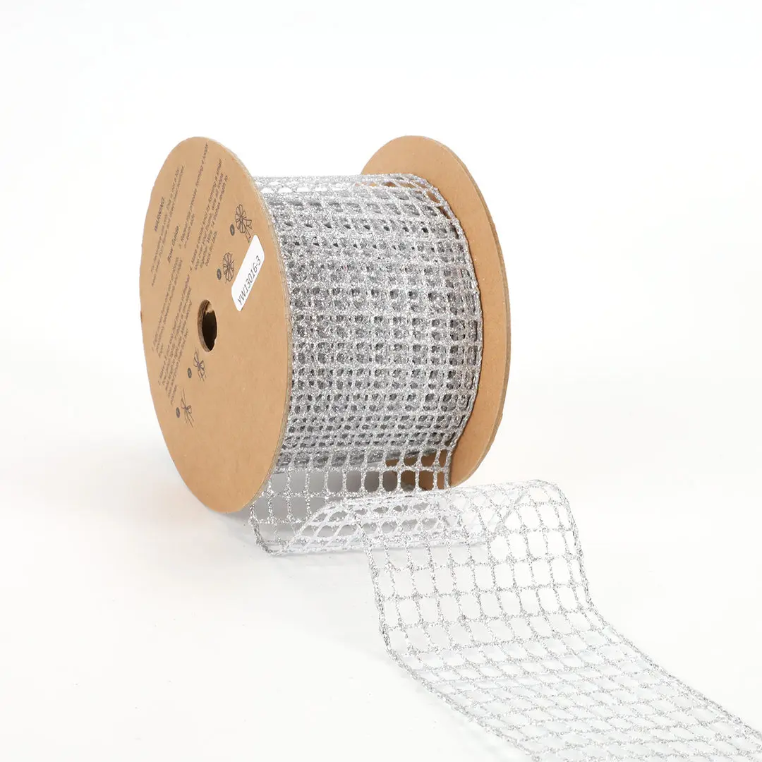 2 1/2" Wired Ribbon | "Netting" Silver | 10 Yard Roll Mesh wreath making Christms tree decor Christms Ribbon