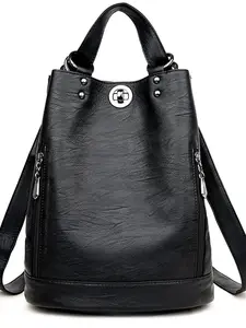 Women's Fashion Simple Shoulder Bag, Soft Leather Backpack, Business Travel Backpack, Large Capacity Travel Bucket Bag, Autumn Winter Korean Style