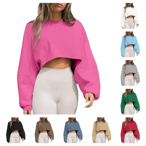 Imily Bela Womens Long Ballon Sleeve Sweatshirts Tops Cropped Crew Neck Loose Fit Casual Workout Shirts