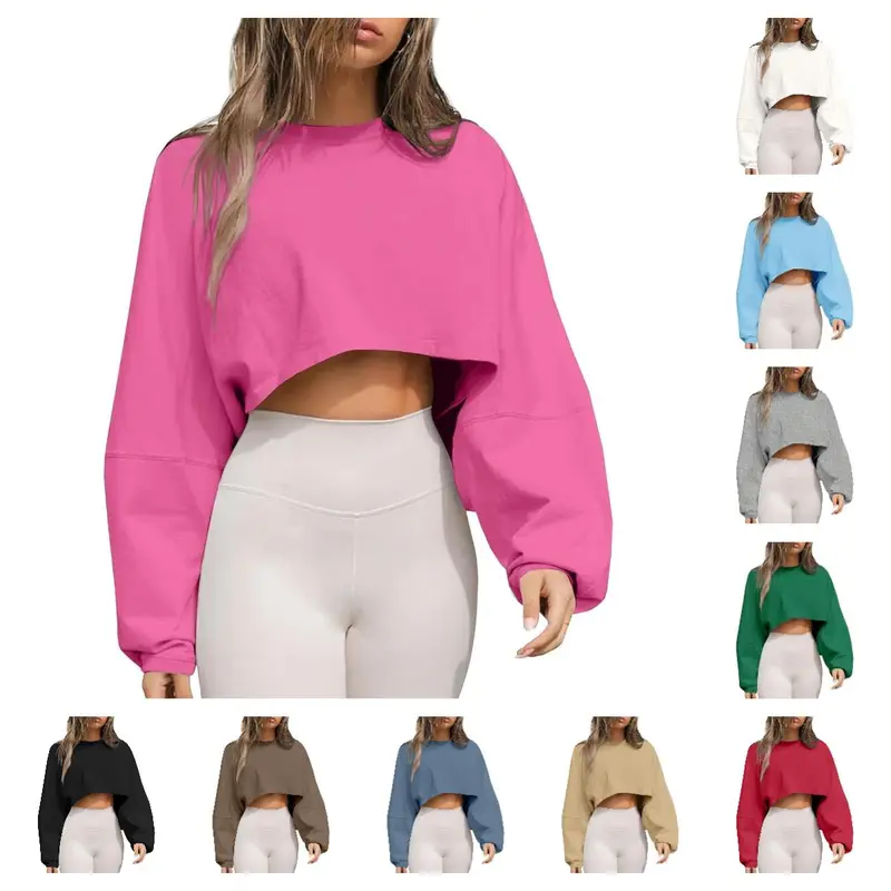 Imily Bela Womens Long Ballon Sleeve Sweatshirts Tops Cropped Crew Neck Loose Fit Casual Workout Shirts