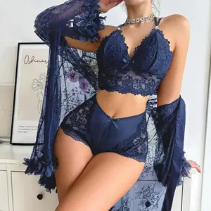 Women Sexy Lingerie Set 3 Piece Bra and Panty Sets with Lace Kimono Robe Sleepwear Mesh Nightgown