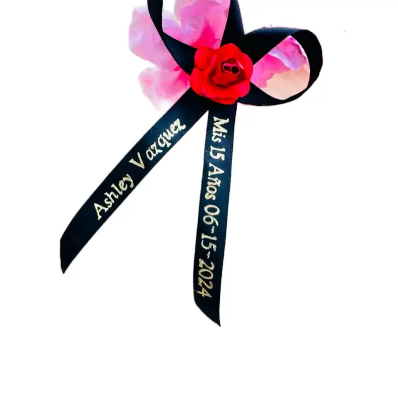 Personalized Quinceañera & Baptism Ribbons - Blue Customized Event Decorations with White Rose Accent for Special Celebrations