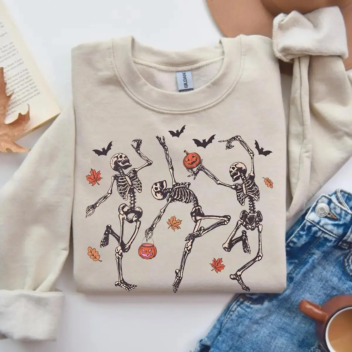 Dancing Skeletons Sweatshirt, Funny Halloween Skeleton Graphic Crewneck for Women, Spooky Dance Shirt, Retro Fall Spooky Season Gift