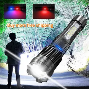 Strong Light Flashlight A76/Camping Gadgets 2024/Emergency Lighting White Flashlight With Red And Blue Alarm Lights/Waterproof Rechargeable Flashlight/Camping Mountaineering Fishing Garden Lighting Road Lighting Garage Lighting