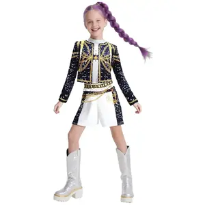 Girls K-Pop Rumi Mira Role Play Costume Set 3pcs Short Sleeve Crop Top Skirt Halloween Party Dress Up Clothes for Kids Comfortable Polyester Fabric Superstar Outfit