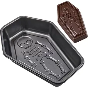 10-Inch Nonstick Heavy-Duty Carbon Steel Coffin Skeleton Baking Pan, Gothic Bakeware Mold for Halloween Cakes, Baked Coffin-Shaped Bread, Brownies