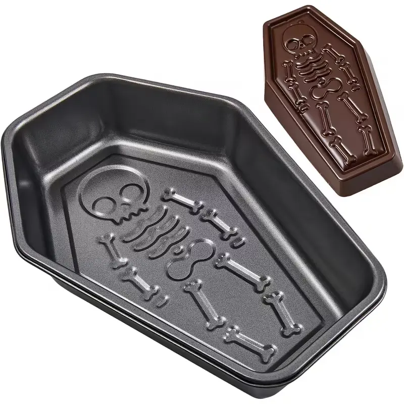 10-Inch Nonstick Heavy-Duty Food Grade Carbon Steel Coffin Skeleton Baking Tin, Heat Resistant Gothic Kitchen Bakeware Mold for Halloween Cakes, Desserts, Home Bakers