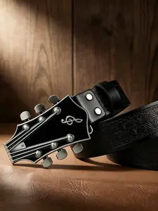 Personalized instrument guitar head design buckle, retro rock wind pressure floral pants belt, men's and women's western denim style, alloy material western buckle, 3.7cm/1.46in wide trend belt, Pu leather belt, suitable for music enthusiasts