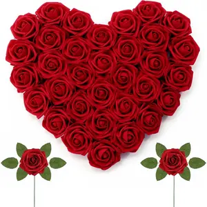 Artificial Flowers, 50 Pcs Dark Red Foam Real Looking Roses with Stems, Fake Roses for DIY Wedding Bouquets, Centerpieces Arrangements, Valentine Decorations