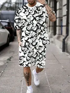 Men's Casual Fashion Short Sleeve Set, Full Print Cute Panda Black & White Pattern, Breathable Mesh Fabric, European Streetwear 2-Piece Outfit, For Daily Wear, Commute & Vacation