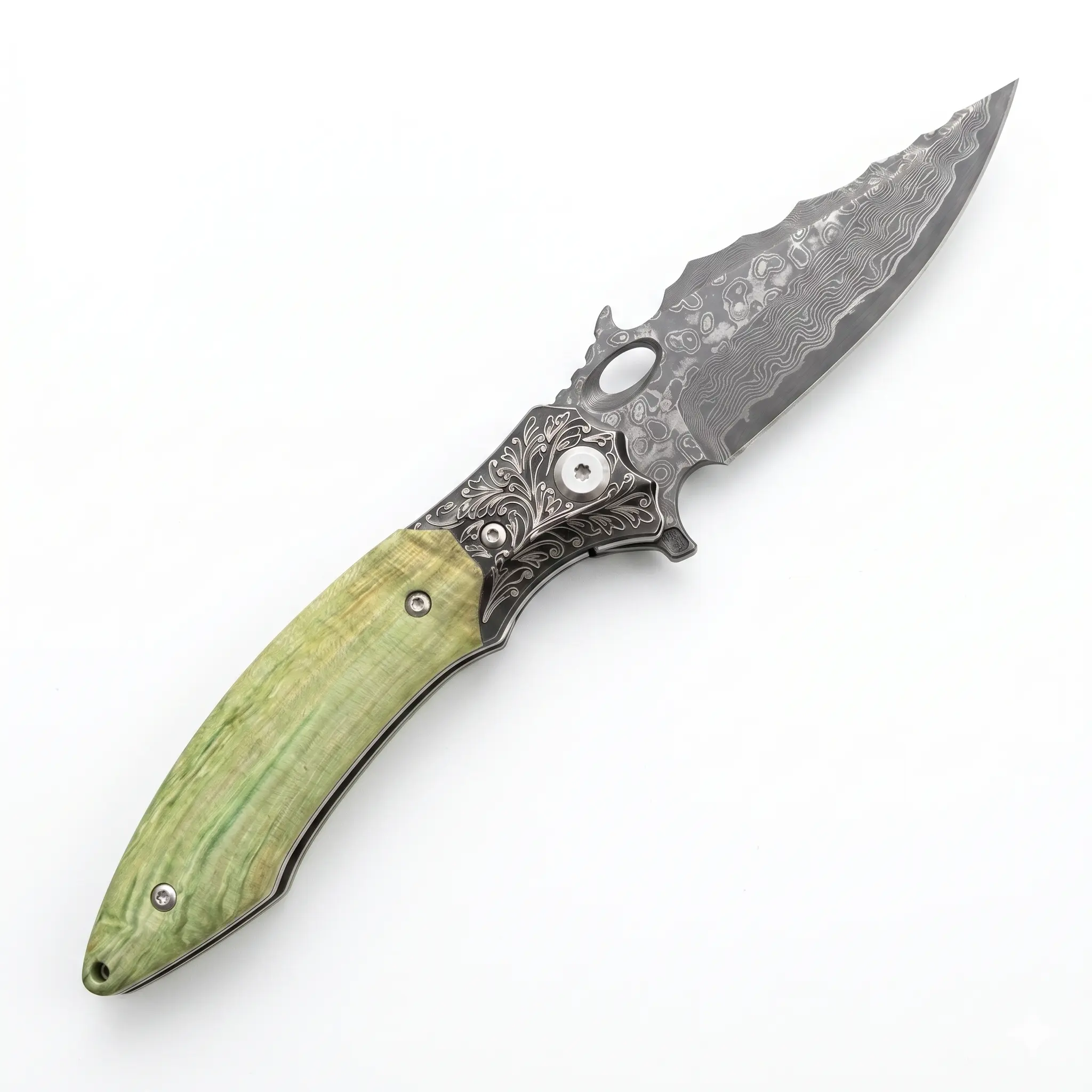 Stabilized Verdant Damascus Folding Knife