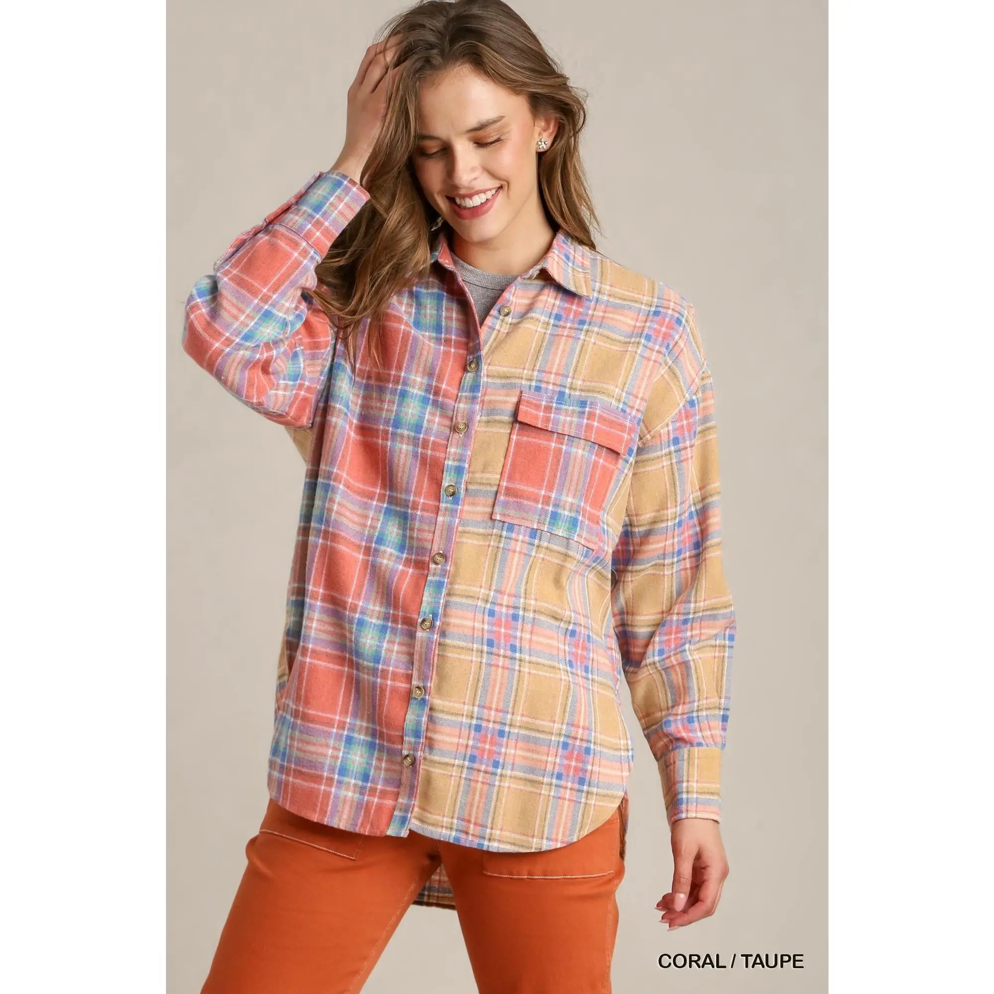 Mixed Plaid Boxy Cut Button Down Flannel With Front Pocket