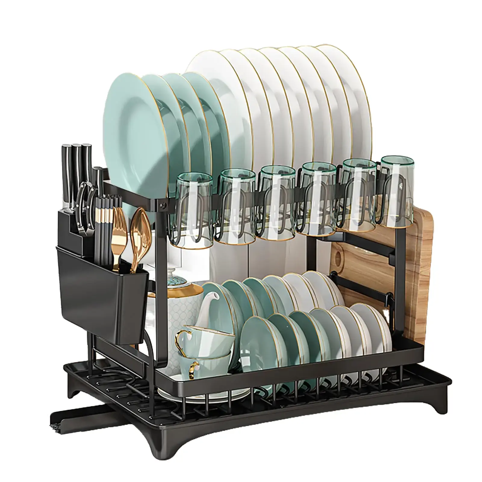 Abs-Alum. Functional Kitchen Dishwasher Rack with Knife Block, Cup Holders for Busy Households’ Efficient Dish Storage & Organization, Corrosion-Resistant Home Organizer