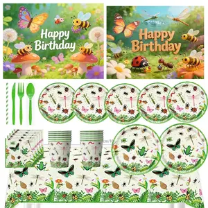 Natural Insects In spring Birthday Party Decoration Disposable Tableware Plate Cup Cartoon Bee Butterfly Backdrop Party Supplies