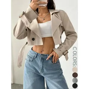 Women's Solid Double Button Belted Lapel Neckline Crop Trench Coat, Casual Long Sleeve Crop Outerwear for Spring & Fall, Women's Clothing for Daily Wear