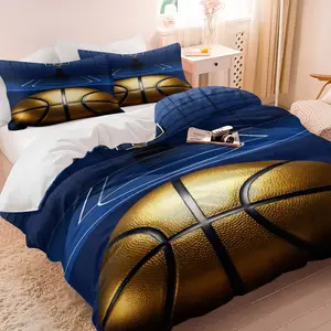 Premium Gold Basketball Bedding Set, Ultra Soft Microfiber Duvet Cover, 3D Realistic Ball Texture Print, Wrinkle & Fade Resistant Comforter Cover with 2 Pillow Shams, All Season Use for Boys Bedroom, Guest Room