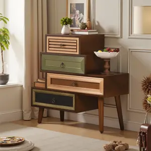 【Dealsforyoudays】Vintage 4-Wide Drawer Cabinet Wood Accent Chest with Asymmetrical Design, Hand-Carved Rustic Cabinet – Multicolored Decorative Drawer Cabinet for Living Room or Entryway Wooden Dresser