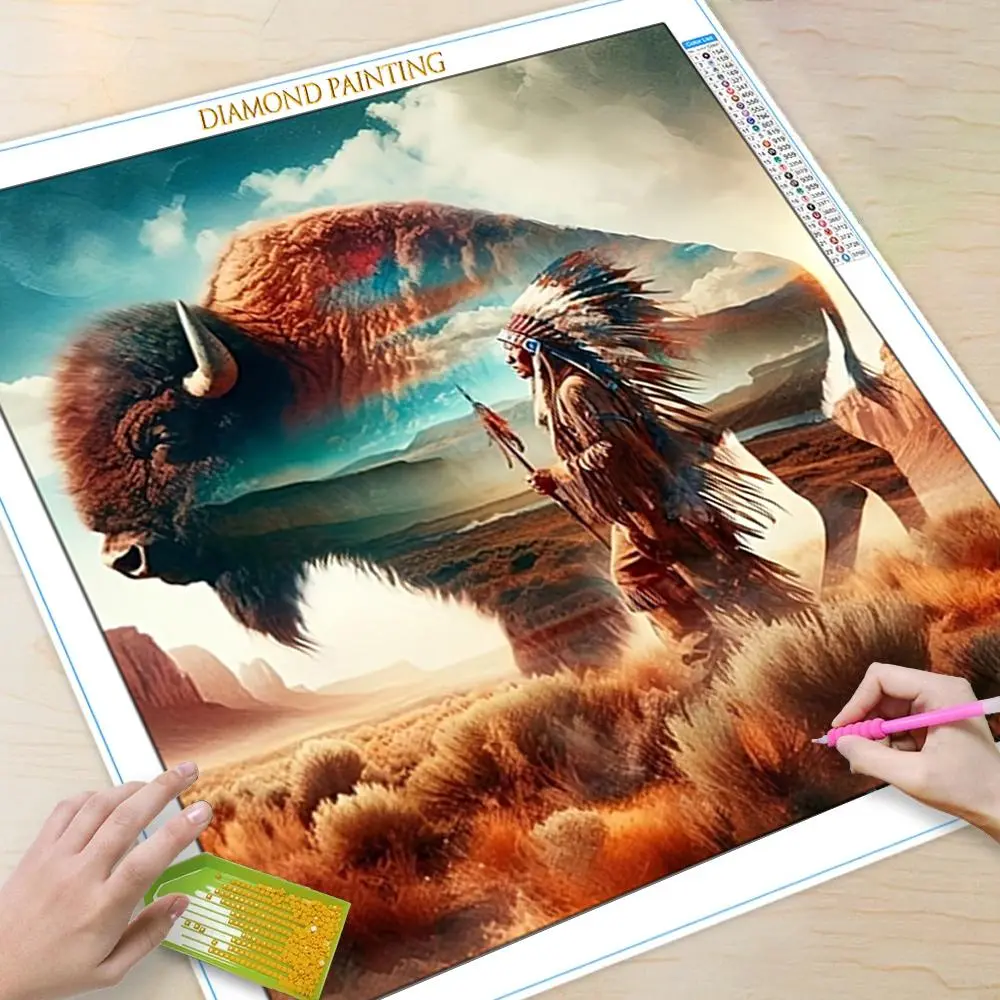 Buffalo & Native Pattern DIY Diamond Arts Colorful Painting Kit without Frame, DIY 5D Diamond Arts Colorful Painting Kit, Wall Art Decor for Home, Crafts