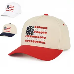 USA Floral Embroidered P0nytail Trucker Hat for Women Criss Cross Messy Bun Baseball Cap Patriotic 4th July hat