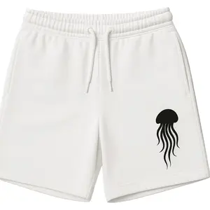 J'electric Shorts Unisex - White with Black Jellyfish Print, Drawstring Waist, Pockets, Comfortable Fit Casual Cotton