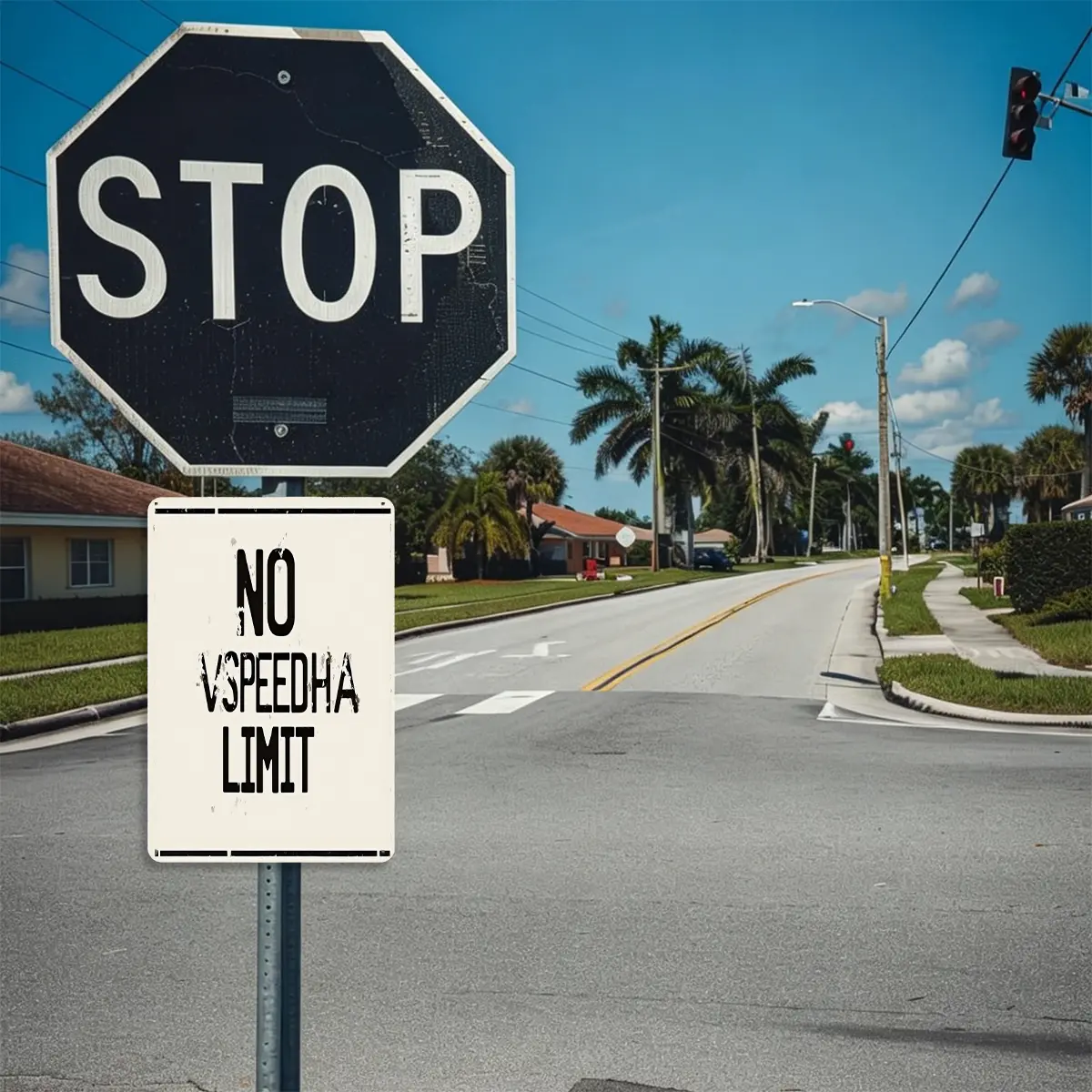 Vintage Black Stop Sign No Speed Limit Road Street Metal Tin Sign, Retro Florida Palm Tree Street Scene Decor Wall Art, 8×12in Rustproof Iron Plate Wall Decor for Garage Bar Cafe Man Cave Home Wall Decoration