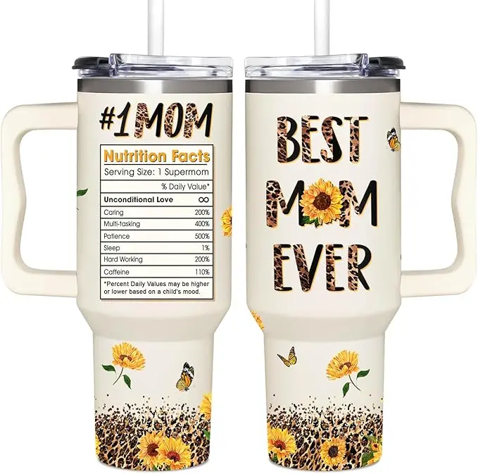 ShinyKT 40oz Double Wall Insulated Stainless Steel Mom Tumbler - Insulated Travel Tumbler with Portable Classic Large Cap, Handygrip, Straw, Lid, Custom-Printed, Reusable Kitchenware Drinkware, Mother's Day Gift for Women
