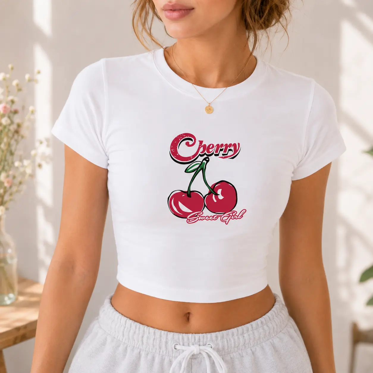 Cherry Sweet Girl Baby Tee for Women, Cute Cherry Graphic Crop Top, Y2K Coquette Aesthetic Fitted T-Shirt, Vintage Summer Graphic Tee