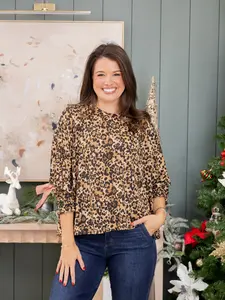 Leopard Slinky Round Neck Smocked Sleeve Top by DD Design | S-3XL