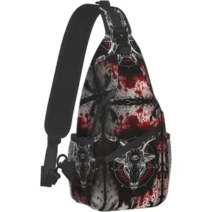 Pentagram With Demon Baphomet Satanic Goat Head Sling Bag Crossbody Shoulder Backpack Unisex Chest Bag for Travel Hiking Daypack