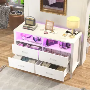 43.3'' W Wood 4 Drawer Dresser with RGB LED Lights & Charging Station, Sturdy Chest of Drawer with Open Storage Shelves