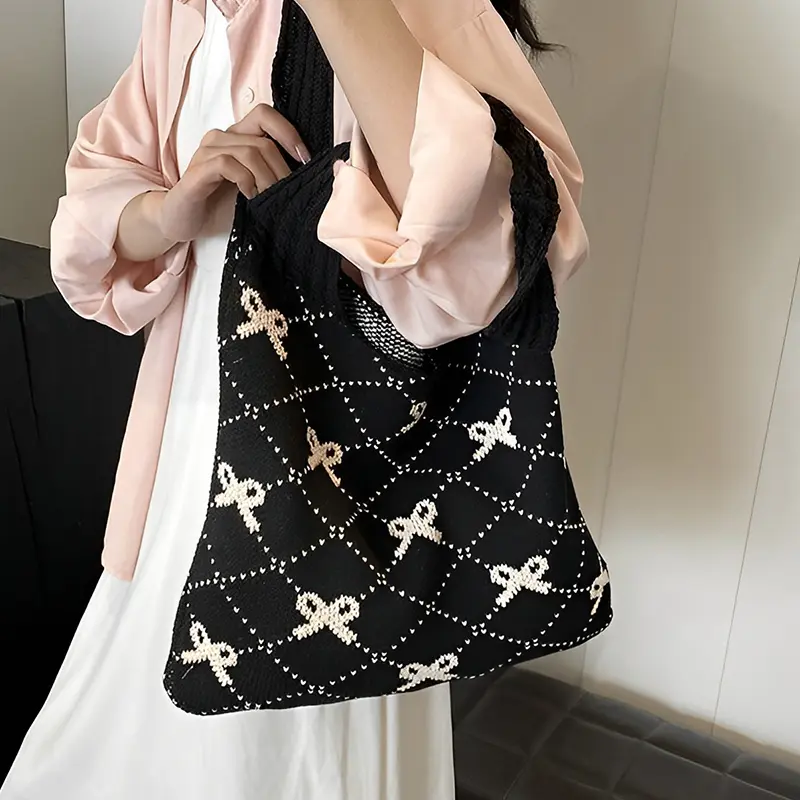 Beach Tote Bag for Women Crochet Knitted Shoulder Bag Large Capacity Straw Bag with Bow Design Summer Vacation Travel Shopping Bag