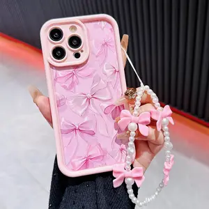 Bowknot Pattern Phone Case with Lanyard, Cute Protective Phone Case with Beaded Chain, Phone Accessories Compatible with iPhone 11 12 13 14 15 Pro Max, Cover