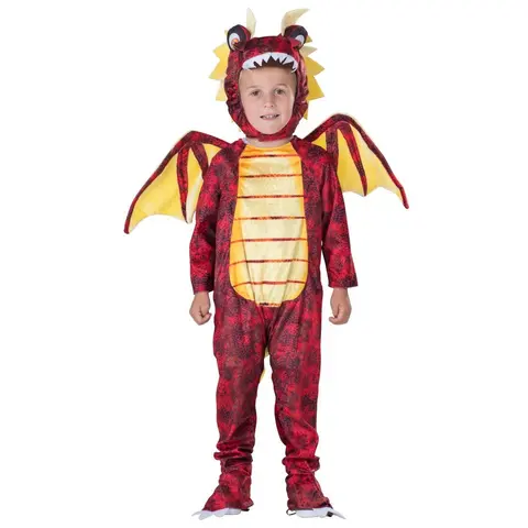 DRESS UP AMERICA 3-4 Years Boys' Dragon Halloween Costume - Red Scaly Quick-Dry Jumpsuit, Gold Belly, Wings, Headpiece, Animal Themed, Breathing Fire Fantasy Look, Cold Wash Safe for Role Play, Party