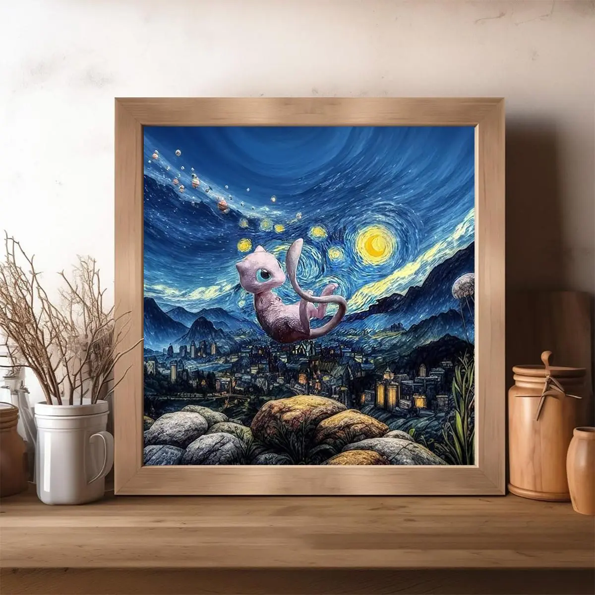 [UNFRAMED POSTER] Mew Floating Over Mountain Town