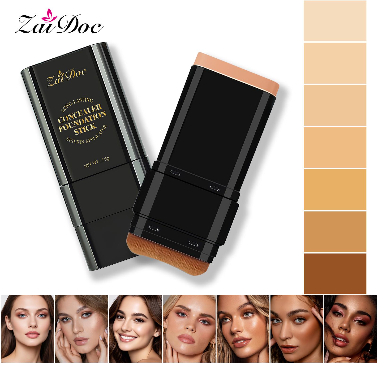 Luminous Dual-Ended Concealer Foundation Stick with Built-in Brushes  24H Long-Lasting Waterproof Sweatproof One-Swipe Even Flawless Base Clear Radiant Skin Foundation Stick