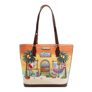 Nicole Lee Sun and Sand Shopper Bag with Tropical Beach Design and Brown Handles