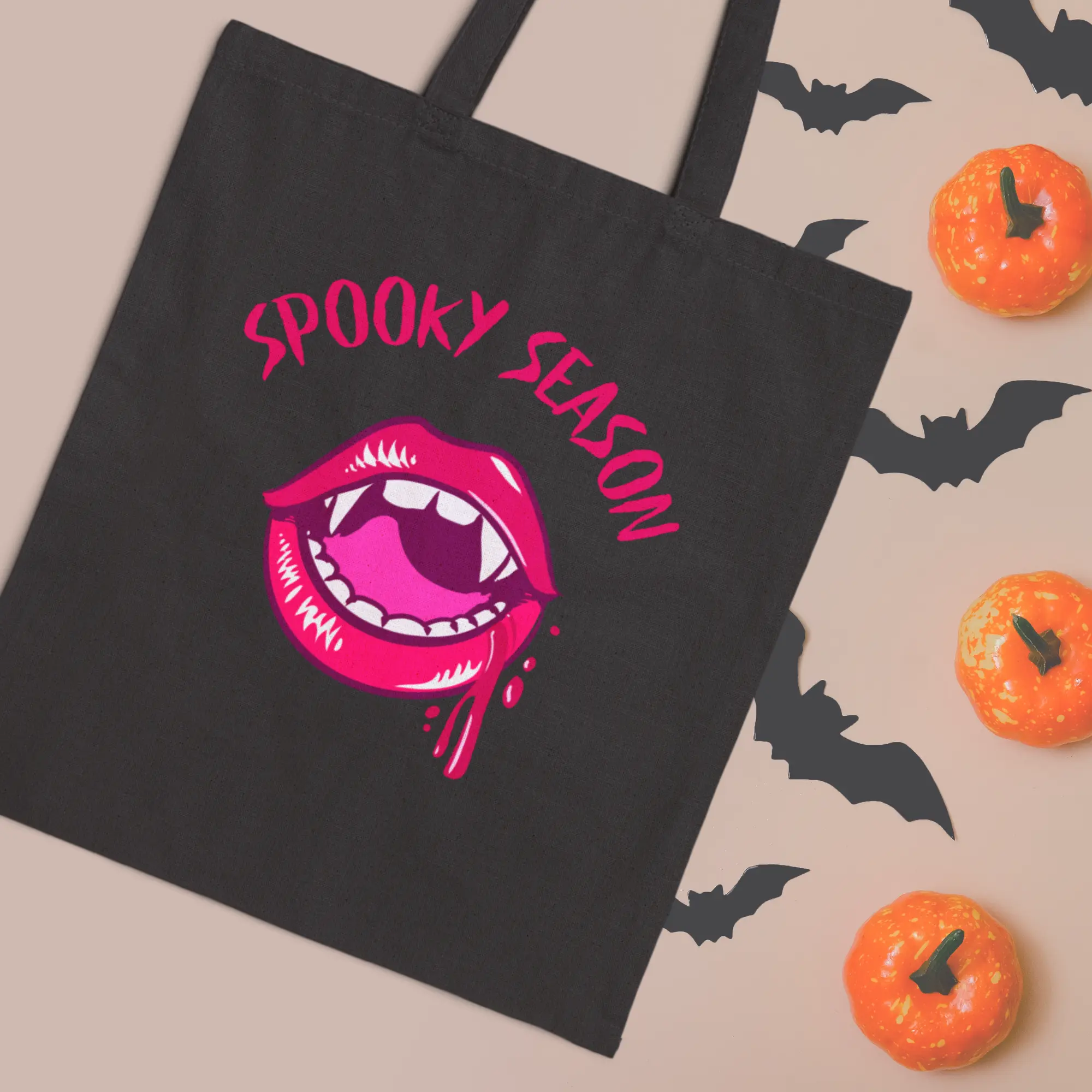 Women's Heavy Duty Tote Bag - Spooky Season Vampire Lips, Halloween Dripping Fangs, Bold Print, Double Handle, Reinforced Luggage Bag