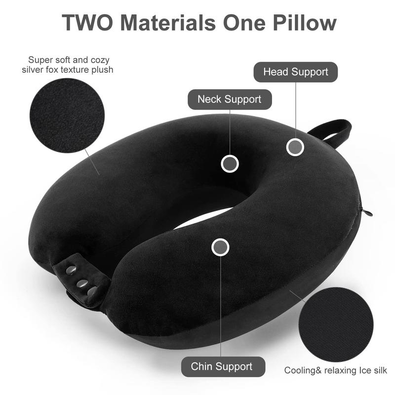 Travel Neck Pillow for Head Support - Best Memory Foam Airplane Pillow for Plane, Car & Home Recliner Use (Black)