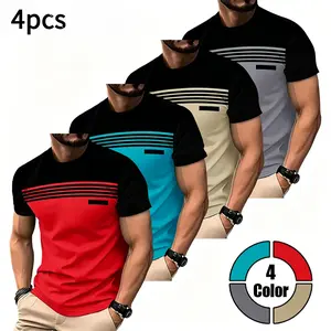 Men's Oversized Short-Sleeve T-Shirts (4-Pack) - Striped Panel, Round Neck Menswear Tops, Quick-Dry, Moisture-Wicking, Breathable Fabric for Summer Casual Everyday Wear, Shortsleeve, Tshirt funny