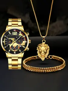 Men's Quartz Jewelry Watch Set with Pendant Necklace & Bracelet, Cool Fashion Casual Style, Perfect Gift for Holidays & Anniversaries